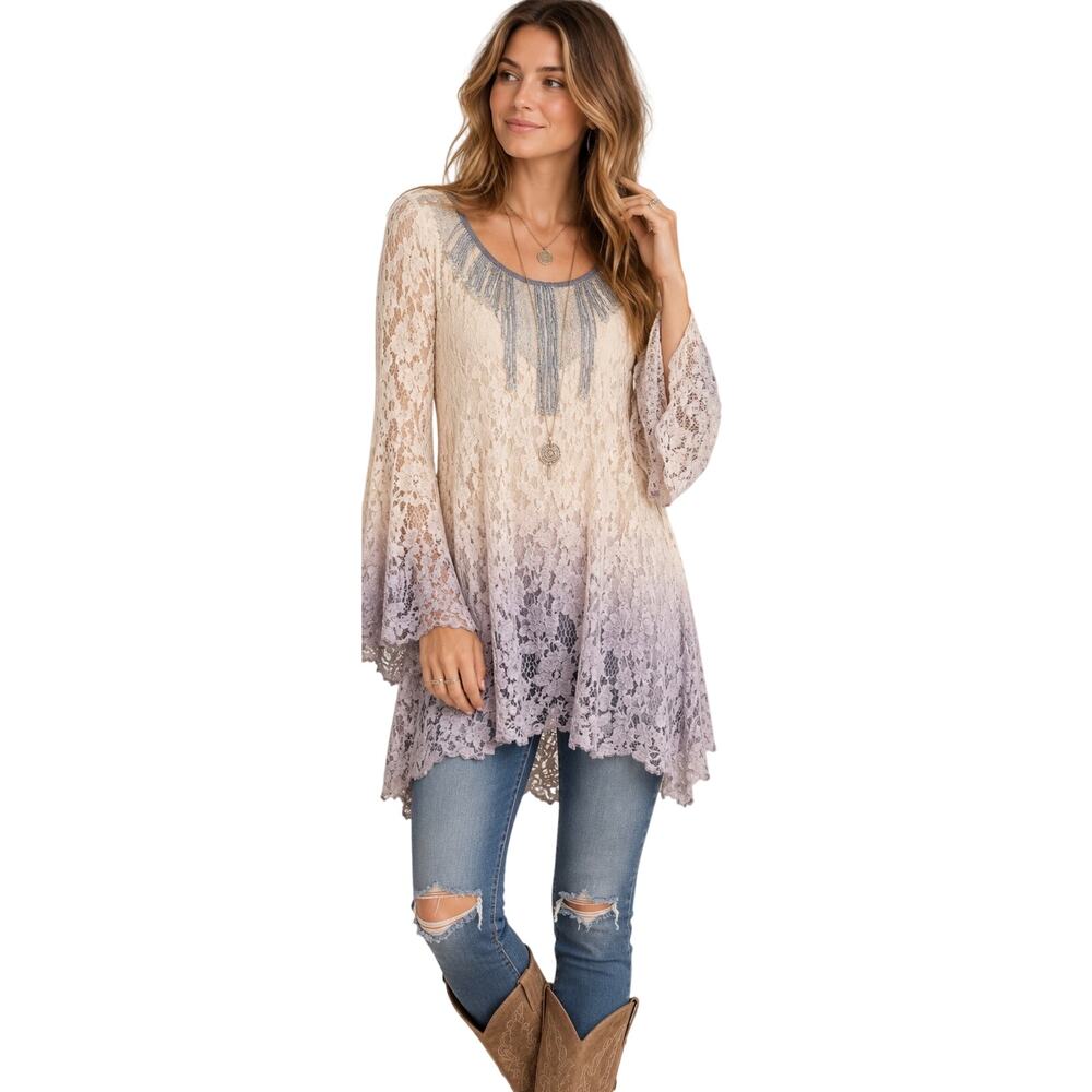 Free People Ombre Lace Tunic Top, Bell Sleeve Romantic, Cream Lavender, Small